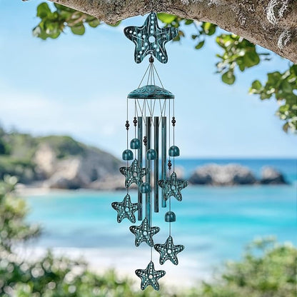Starfish Wind Chimes for Outside, Large Starfish Gifts for Women, Blue Marine Animal Wind Chime, Metal Starfish Decor, 40" Outdoor Garden Decor for Lawn, Porch, Patio, Yard