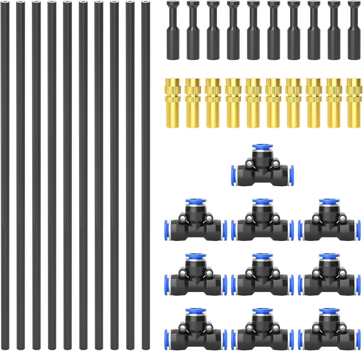 TAILONZ PNEUMATIC Brass Misting Nozzles with Tee Fittings – 12" Hose, 360° Adjustable Spray for Patio Cooling, Watering, and Outdoor Misting Systems 10PCS