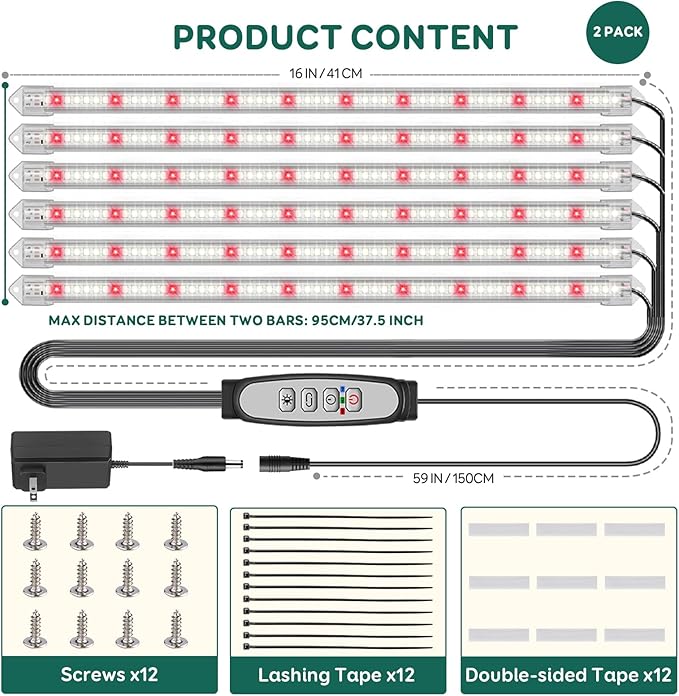6-Bar Grow Light Strips for Indoor Plants, 16" Full Spectrum Plant Lights, 6500K Sunlike Grow Lights with 6/12/18H Timer, 5-Level Dimmable for Indoor Growing (2 Pack)