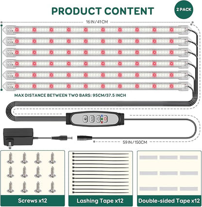 6-Bar Grow Light Strips for Indoor Plants, 16" Full Spectrum Plant Lights, 6500K Sunlike Grow Lights with 6/12/18H Timer, 5-Level Dimmable for Indoor Growing (2 Pack)