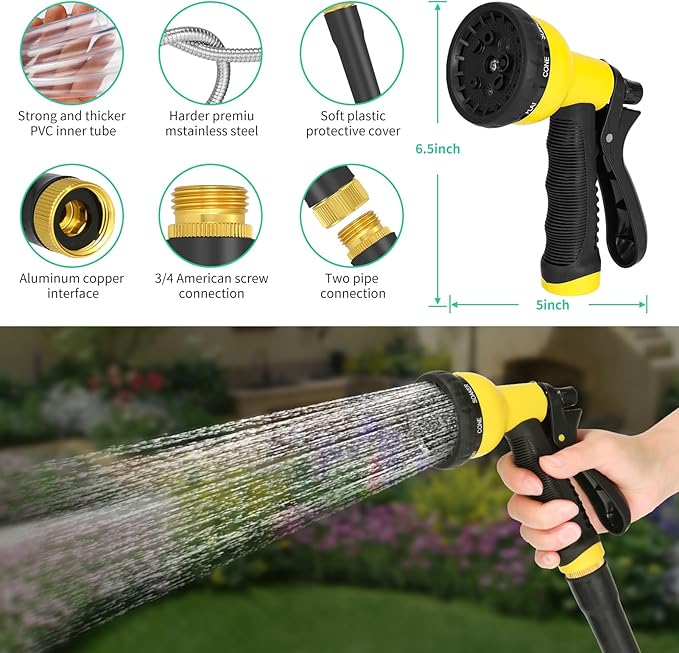 50ft Water Hose, Heavy Duty Stainless Steel Garden Hose with 10 Function Nozzle, Lightweight Metal Hose, No Kink, Leak-proof, Puncture Resistant for Yard, Outdoor, RV