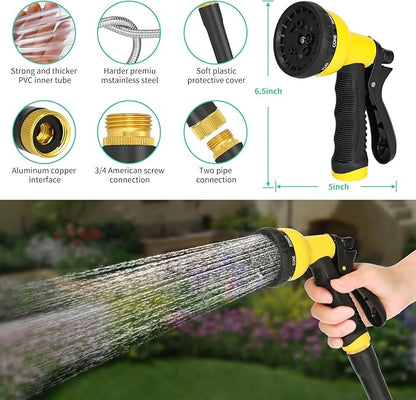 50ft Water Hose, Heavy Duty Stainless Steel Garden Hose with 10 Function Nozzle, Lightweight Metal Hose, No Kink, Leak-proof, Puncture Resistant for Yard, Outdoor, RV