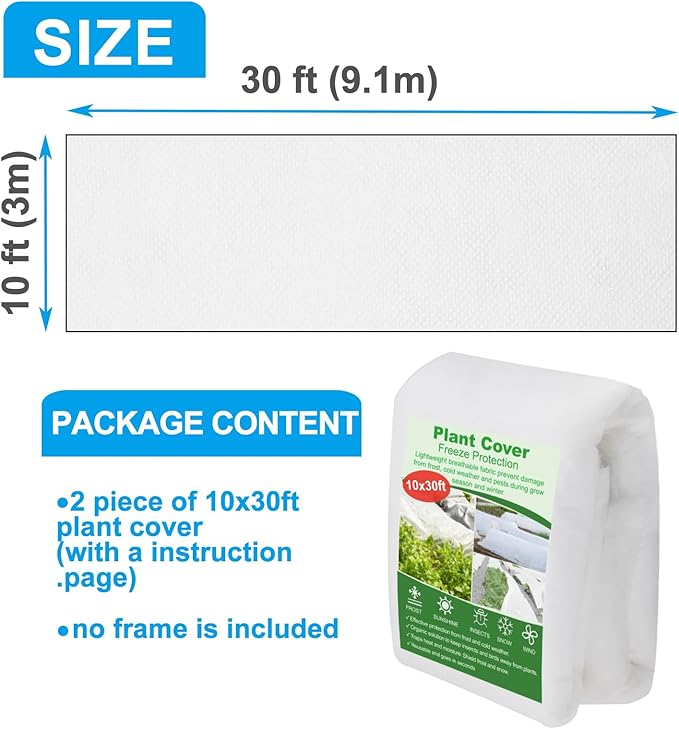 2 Pack Plant Covers Freeze Protection 10 x 30FT 1.2oz Frost Cloths Forst Blankets for Winter Floating Row Cover Frabic Plant Cover for Outdoor Vegetables Garden