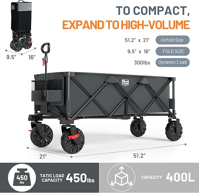 Timber Ridge 51.2" Extended Collapsible Wagon - Heavy-Duty Utility Cart with All-Terrain Wheels, Brakes & Cargo Net, 400L Capacity for Camping, Sports & Shopping, Grey
