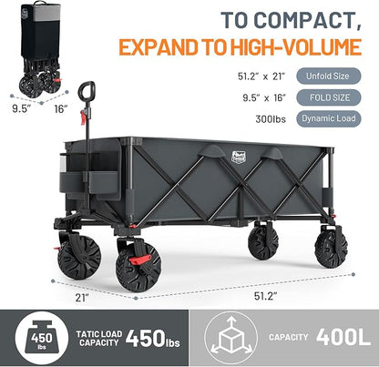 Timber Ridge 51.2" Extended Collapsible Wagon - Heavy-Duty Utility Cart with All-Terrain Wheels, Brakes & Cargo Net, 400L Capacity for Camping, Sports & Shopping, Grey