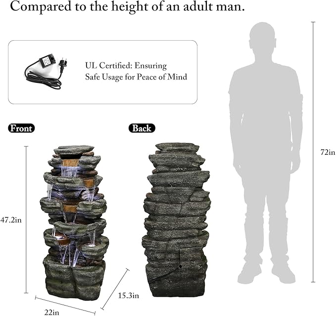 SunJet 47.2" High 6-Tiers Cascading Rock Outdoor Water Fountain with LED Lights - Large Outdoor Fountains and Waterfalls for Garden or Patio, Yard, and Deck Decor, Featuring Natural Stone Look