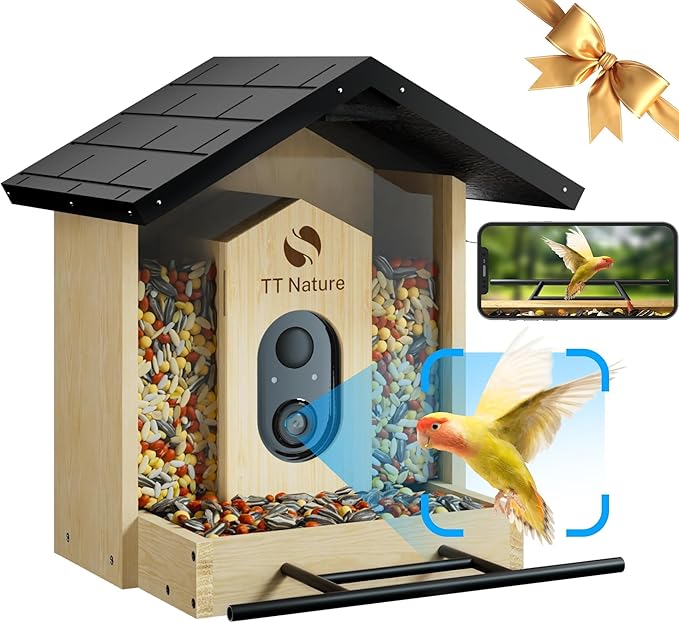 TT Nature Bird Feeder with Camera, Upgraded 1.5L Smart Birdhouse Al Identify for 10000 Plus Species, Auto Capture & Real-time Notifications, Ideal Gift for Bird Lovers (Iron Roof)