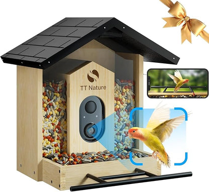 TT Nature Bird Feeder with Camera, Upgraded 1.5L Smart Birdhouse Al Identify for 10000 Plus Species, Auto Capture & Real-time Notifications, Ideal Gift for Bird Lovers (Iron Roof)