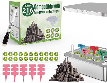 216 pcs Seed Pods Kit for Aerogarden, Grow Sponges for Hydroponics Growing System, Grow Pods for Aerogarden Kit with 100 Hydroponic Grow Sponges, 100 Pod Labels, 15 Plant Tags, 1 Mark Pen, Pink