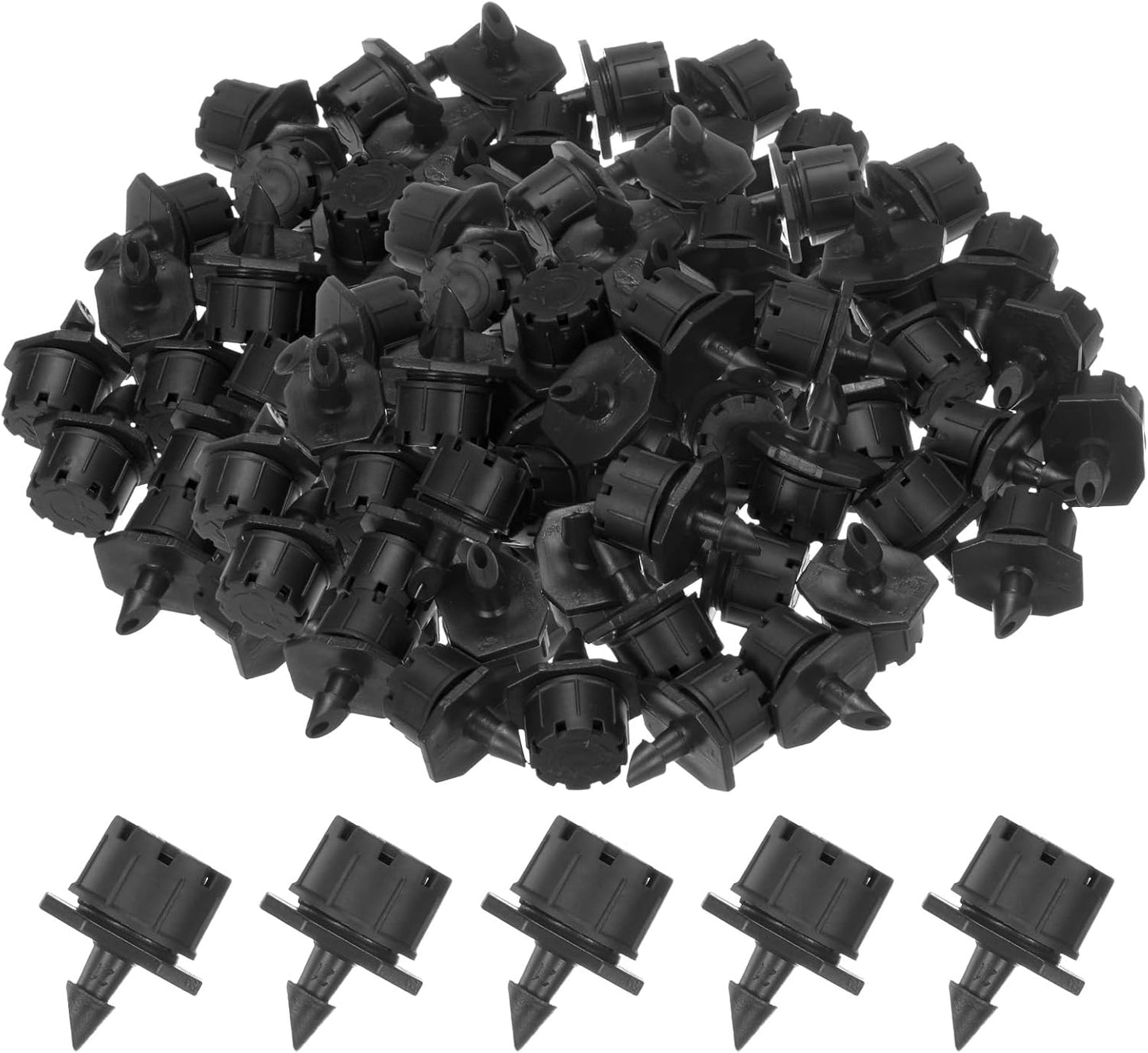 150-Pack 360 Degree Adjustable Irrigation Dripper, 1/4 Inch Barbed Emitter Drip Sprinklers for Garden/Greenhouse/Flower Bed/Watering System, Anti-Clogging Emitters [Black]