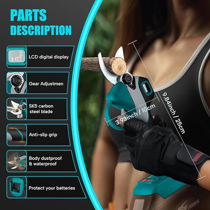 Cordless Electric Pruning Shears for Makita 18V Battery, Brushless Portable Pruner 1.2'' (30mm) Cutting Diameter w/LED Display, 4 Wrenches for Gardening Tree Branch (Battery NOT included)