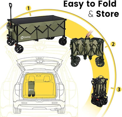 Sekey 48''L Collapsible Foldable Extended Wagon with 440lbs Weight Capacity, Heavy Duty 300L Folding Utility Garden Cart with Big All-Terrain Beach Wheels & Drink Holders. Khaki