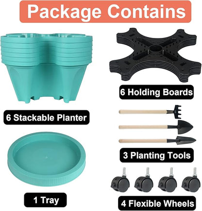 Vertical Planter 6 Tier Stackable Planters Garden Planters Strawberry Herb Flower and Vegetable Planter Indoor Outdoor Gardening Pots with Removable Wheels and Tools