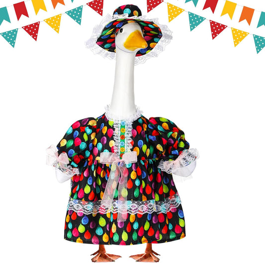 Suzile Happy Birthday Goose Outfit Dresses Clothes for 23" High Cement or Plastic Porch Goose Costume for Yard Lawn Outdoor Garden Patio Statue Xmas Santa Holiday Decor