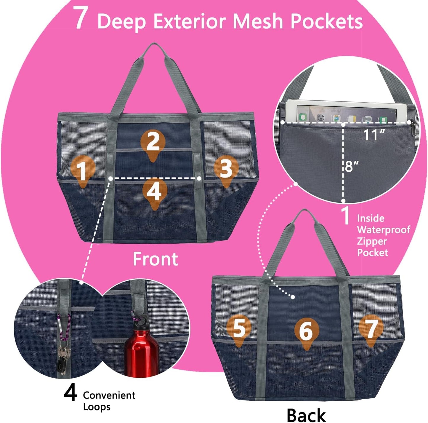 Mesh Beach Bag, Large Beach Tote with Zipper Pocket for Family Pool Bag for Toys & Vacation Essentials