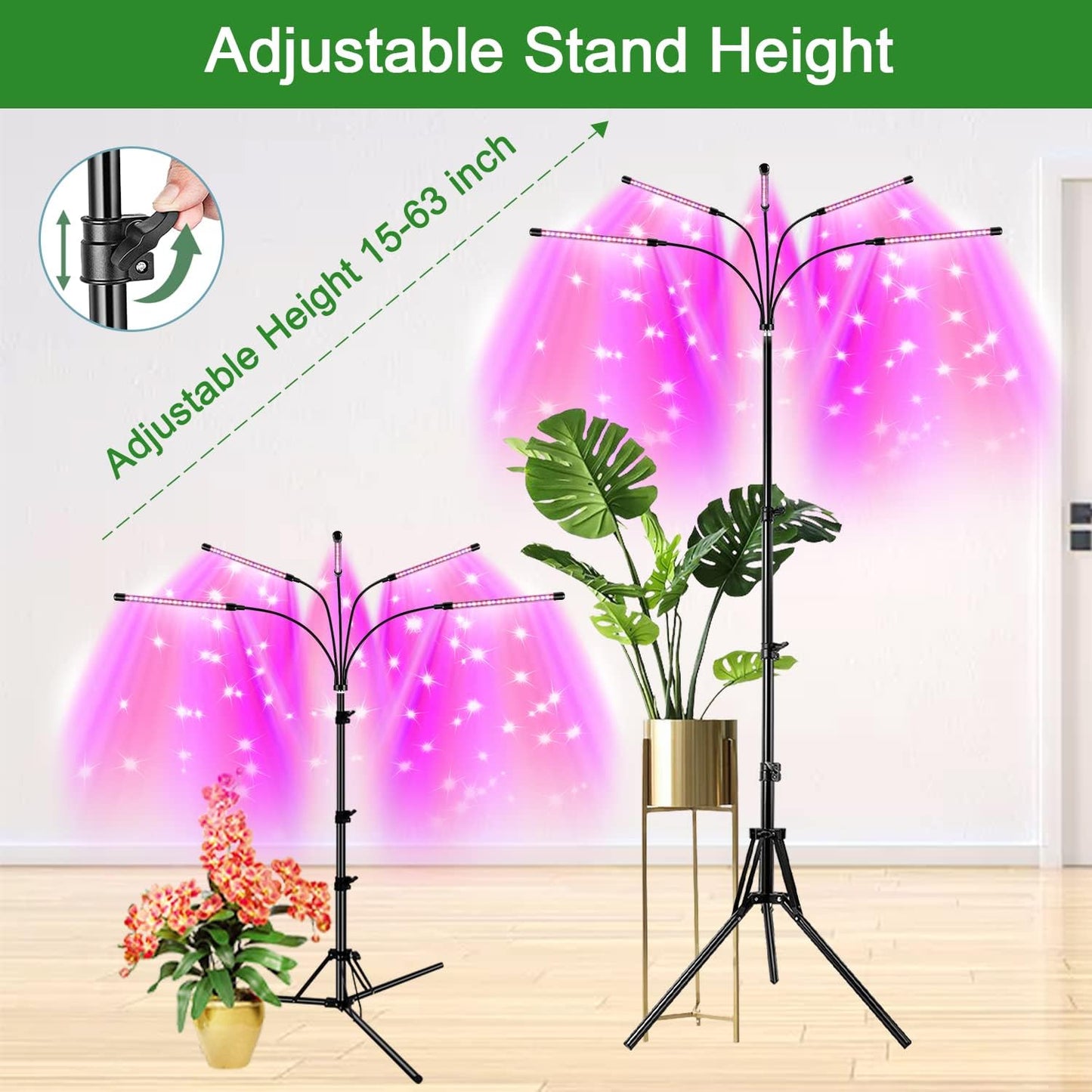 Garpsen Grow Light with Stand, 5 Heads Grow Lights for Indoor Plants, 100 LEDs Full Spectrum Led Plant Light for Seed Starting, with 15-63" Adjustable Tripod&6/12/16H Timer