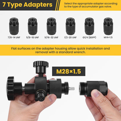 Hydraulic Nitrogen Accumulator Charging Kit, Nitrogen Fill Kit, Pressure Test System, Gas Charge Tools with 7 Adapters, 3 Gauges, 1 Gas Hose and G5/8 Male to CGA580 Male Adapter