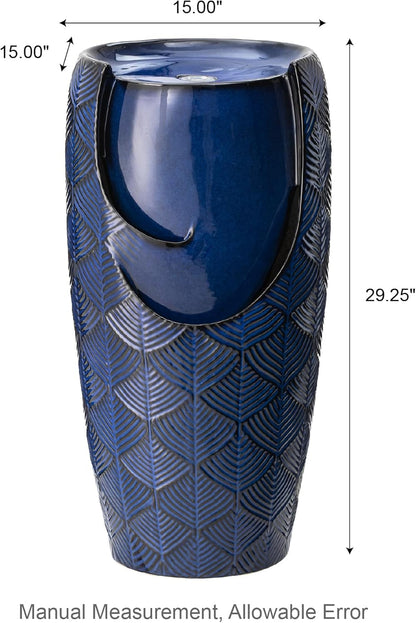 Glitzhome 29.25" H Oversized Ceramic Vase Outdoor Water Fountain, Tall Scale-Like Textured Glaze Patio Garden Water Fountain with LED Light and Submersible Pump Yard Art Decor, Cobalt Blue