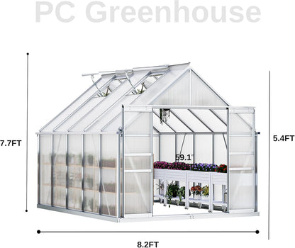 YITAHOME 10x8FT Polycarbonate Greenhouse Large Heavy Duty Green Houses Outdoor Aluminum Greenhouses with Sliding Doors Vent Window Premium Walk-in Greenhouse for Garden Backyard, Matte Sliver