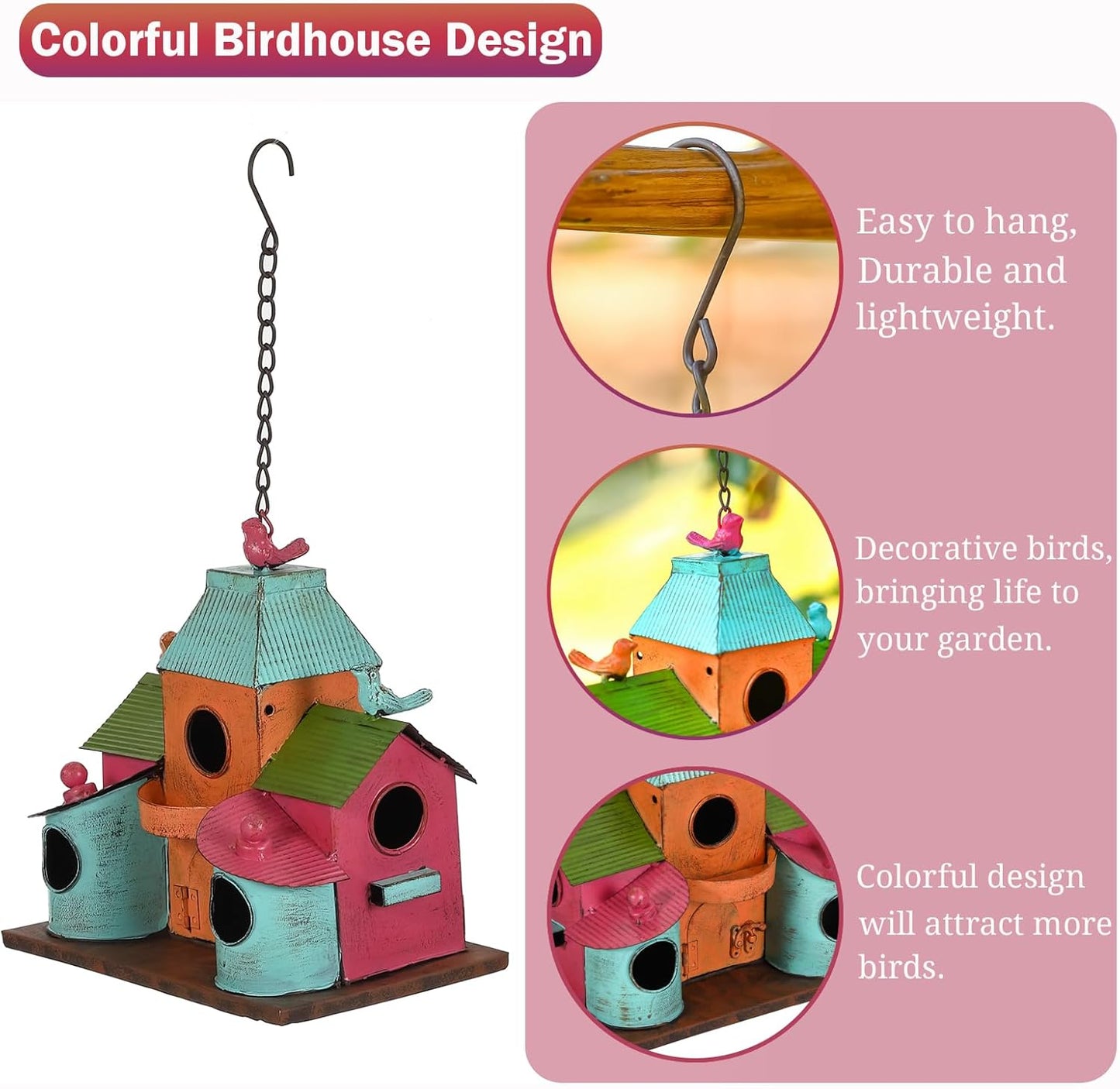 Large Bird Houses for Outside Hanging, Colorful Metal Bird Houses for Outside with 5 Compartments, Easy-Clean Front & Back Doors, Escape Holes & Ventilation, Weatherproof birdhouses for Outdoors