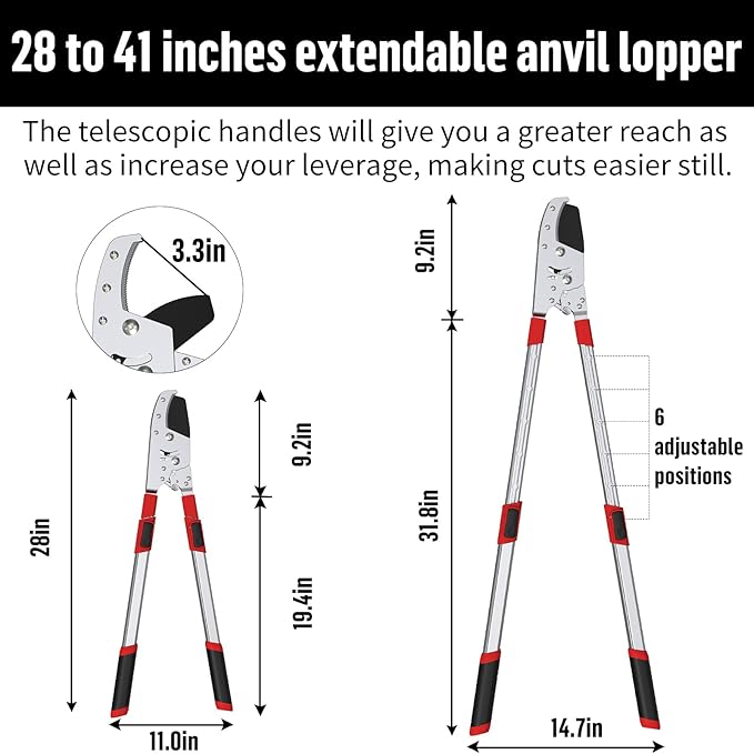 GARTOL Heavy-Duty Extendable Loppers, 28"-41" Telescopic Tree Trimmer, Double Ratcheting Branch Cutter, Anvil Lopper for Thick Branches, Cuts 2" Dry Wood