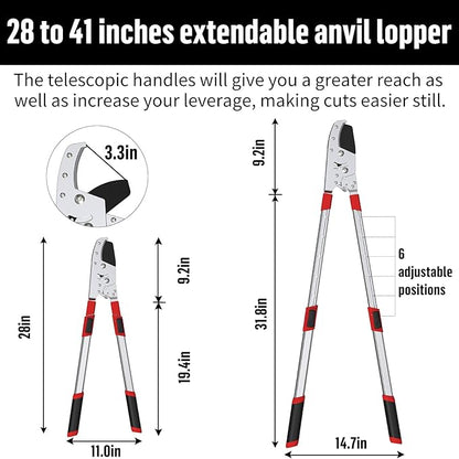 GARTOL Heavy-Duty Extendable Loppers, 28"-41" Telescopic Tree Trimmer, Double Ratcheting Branch Cutter, Anvil Lopper for Thick Branches, Cuts 2" Dry Wood