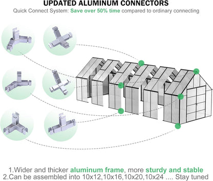 CDCASA 10x24 FT Greenhouse for Outdoors,Large Easy Assembly Thicker Aluminum Polycarbonate Greenhouses with 5 Windows, Double Door,Outside Walk-in Green House for Patio, Backyard,Garden