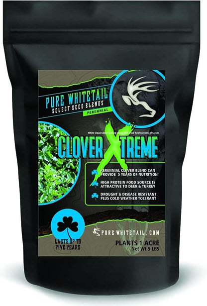 Pure Whitetail Clover Xtreme | Select Seed Blends | Whitetail Deer & Turkey Perennial Clover Seed Blend | Clover Food Plot Seeds for Deer | Plants 1 Acre | 5 lb Bag