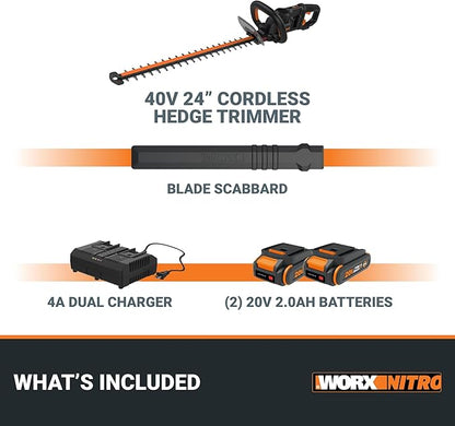 WORX Nitro WG286 24" 40V Cordless Hedge Trimmer, Electric Hedge Trimmer with Dual-Action Blades & 3400 SPM, Brushless Bush Trimmer with 180° Rotating Handle, 2 Batteries & Charger Included