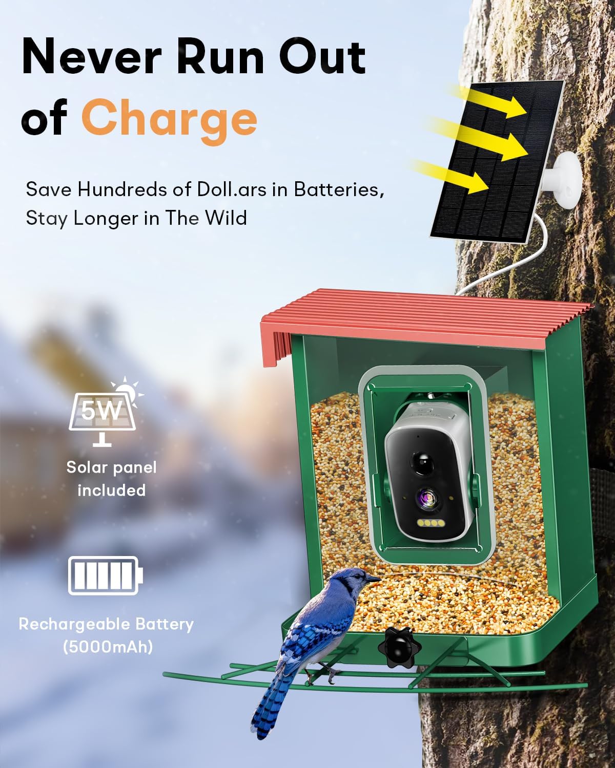 Metal Smart Bird Feeder with Camera – Solar Powered, AI Bird Identification & 2.5K HD Auto Capture Videos, Arrival Notifications, 2.1L Capacity & 100% Durable Design