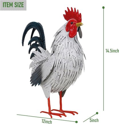 Rooster Garden Statue Sculpture Metal Chicken Yard Decor Outdoor Figurines Patio Backyard Decoration (White)