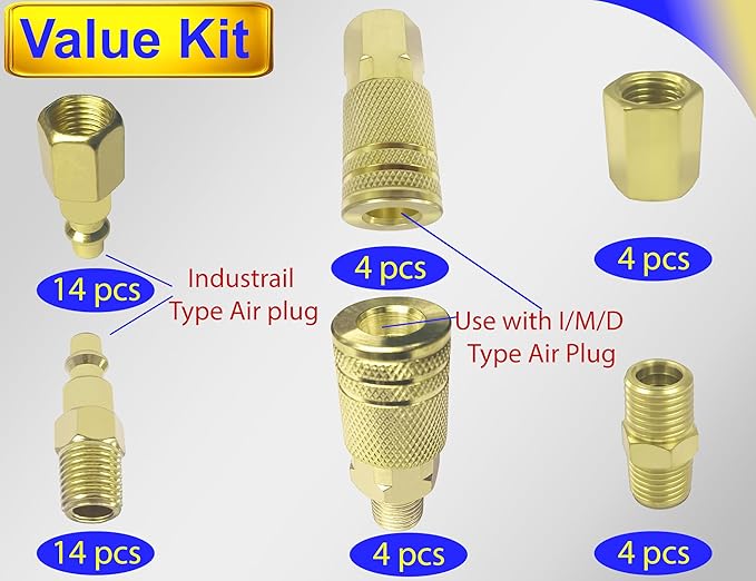 1/4" Air Hose Fittings Kit, 45 Pieces Quick Connect Air Compressor Fittings, Iron Plated Brass Air Tool Fittings, 300 PSI