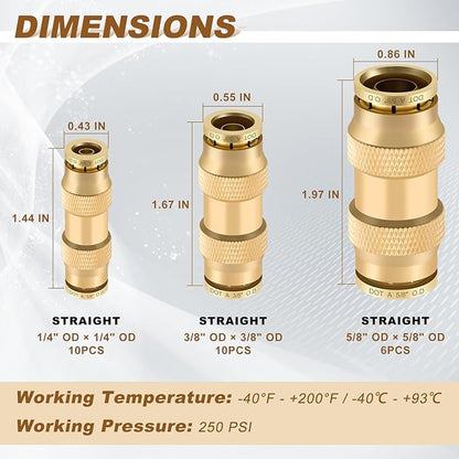 26pcs Quick Connect Brass DOT Air Line Fittings Straight Union 1/4” 3/8” 5/8” Tube Push to Connect Fittings Air Suspension Fittings Straight Air Brake Union Push Lock Pneumatic Air Hose Fitting