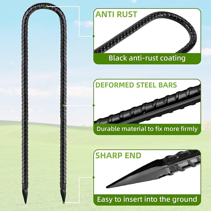 Black Trampoline Stakes Anchors High Wind 16inx10mm Galvanized U Hook 20pcs Rebar Stakes – Heavy Duty Ground Anchors for Trampoline,Yard & Inflatable,Landscape Metal Stakes for Outdoor Decorations