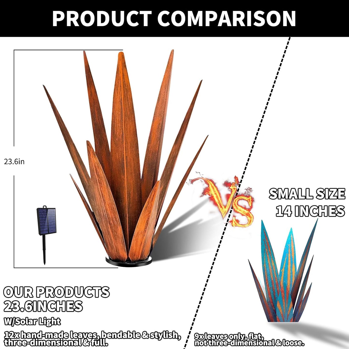 Large Tequila Rustic Sculpture, Rustic Metal Agave Plants for Outdoor, Metal Agave Garden Yard Statue, Outdoor Lawn Ornaments Yard Stakes (Rusty - L (W/Solar Light))