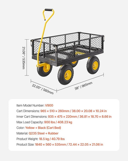 VEVOR 900 Lbs Heavy Duty Steel Garden Cart, Garden Wagon Cart on Wheels, Outdoor Metal Yard Utility Wagon Carts with 10" Tires and Mesh Removable Sides(Convert to Flatbed) and 180°Rotating Handle
