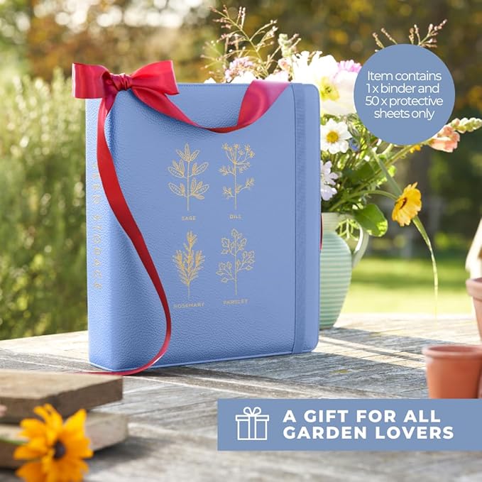 WILDGOOSE Seed Storage Organizer Binder - Seed Packet Organizer with 50 Pack Sheet Protectors That Stores 200 Seed Envelopes. (Blue)