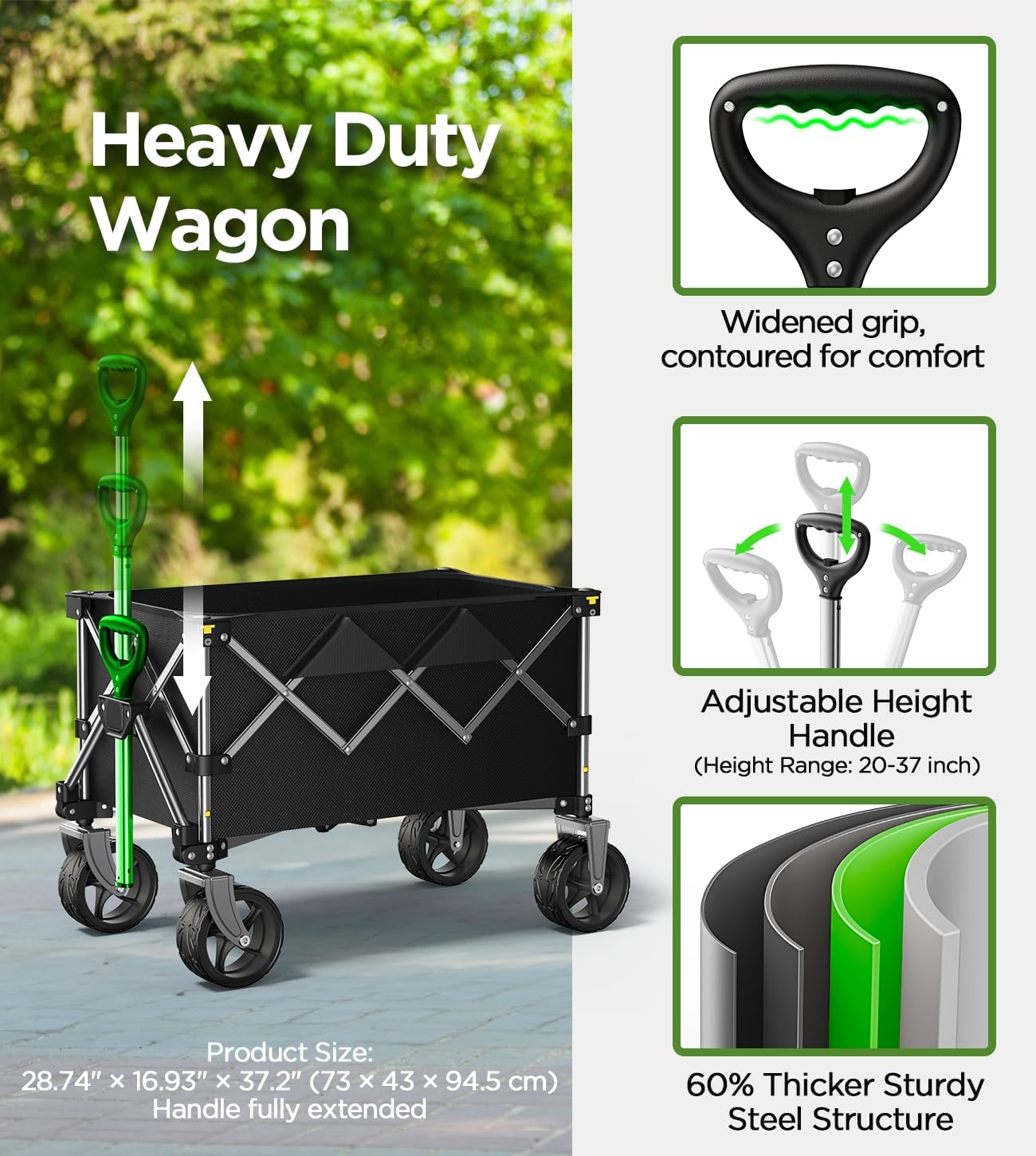 Beach Wagon,Collapsible Wagon 220lbs with Big Wheels FoldableWagon Carts,Portable Utility for Garden Grocery Sports Camping All Terrain-Black