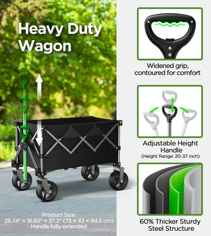 Beach Wagon,Collapsible Wagon 220lbs with Big Wheels FoldableWagon Carts,Portable Utility for Garden Grocery Sports Camping All Terrain-Black