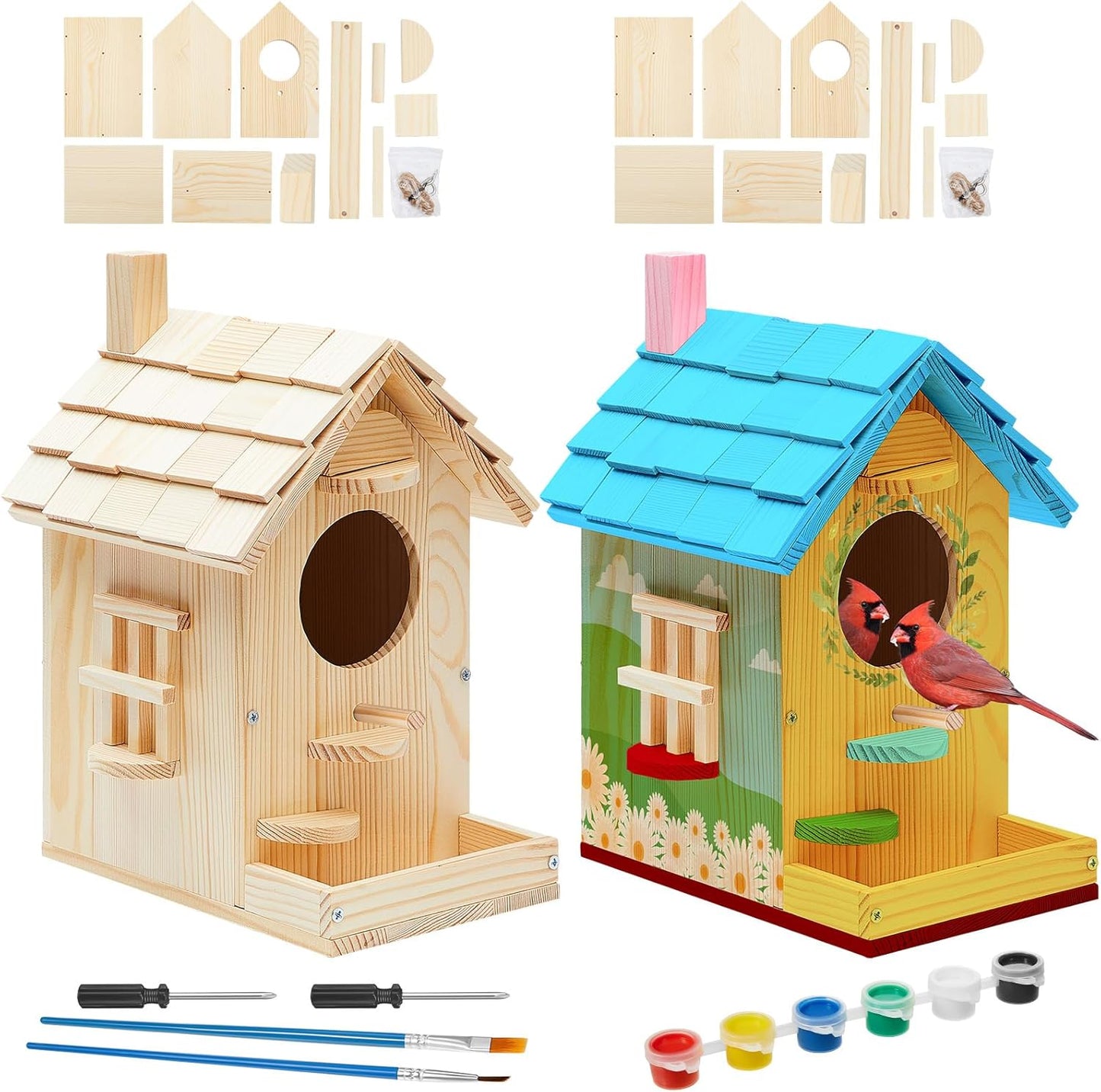 Liliful 2 Pack DIY Unfinished Wooden Birdhouse Craft Wooden Painting Kit with Paint and Paintbrushes for Boy or Girl Classroom Activity and Christmas Kids Craft Gifts(Modern Style)