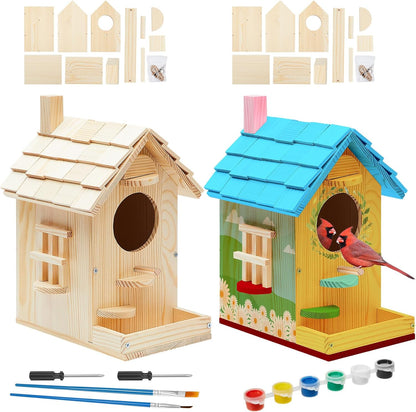 Liliful 2 Pack DIY Unfinished Wooden Birdhouse Craft Wooden Painting Kit with Paint and Paintbrushes for Boy or Girl Classroom Activity and Christmas Kids Craft Gifts(Modern Style)