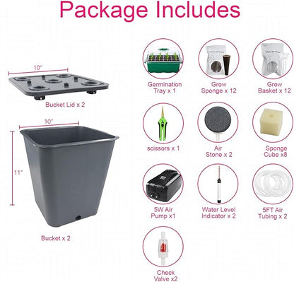 2 Hydroponic Buckets Kit for Plants, Hydroponics Growing System for Herbs/Tomato/Vegetables, DWC System with Air Pump & Germination Tray (Complete Indoor Hydroponic Gardening Supplies)