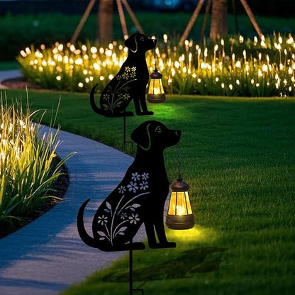Afirst Solar Outdoor Garden Stake Solar Dog Decorative Stake Light with Lantern Decorative Lights Metal Outdoor Ornament for Yard Pathway Lawn Patio Decoration