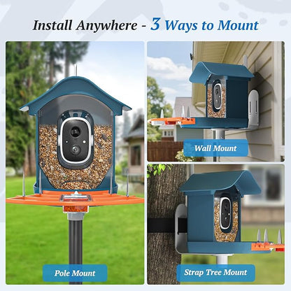 Smart Bird Feeder with Camera, 2K HD AI Identify Birds Species, Bird Watching Camera with Solar Panel, Auto Capture Bi rd Videos & Instant Notifications, Ideal Present for BirdLover