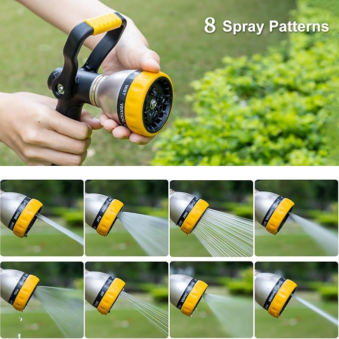 FANHAO Heavy Duty Fireman's Hose Nozzle, Metal Water Nozzle with 8 Spray Patterns, High Pressure Garden Hose Sprayer with Lever Control and Non-Slip Grip to Water Plants & Lawns, Wash Cars & Clean