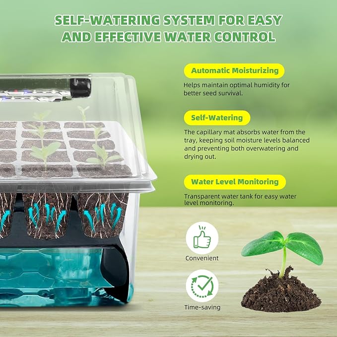 120-Cell Self-Watering Seed Starter Trays with Grow Light, Seed Starter Kit with 3-in-1 Soil Moisture Meter, Indoor Seedling Starter Tray for Plant Germination, Seeds Growing