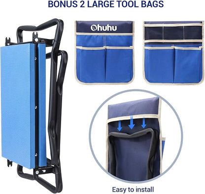 Ohuhu Garden Stool Garden Kneeler and Seat, Foldable Gardening Bench Heavy Duty with Thicker Wider Kneeling Pad 2 Large Tool Pouches Gifts for Fathers Day Men Gardener Parents Elders Friends