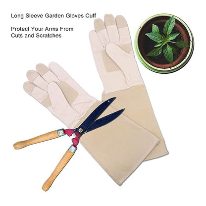 HLDD HANDLANDY Long Sleeve Leather Gardening Gloves,Puncture resistant,Breathable Pigskin Leather Gauntlet,Rose Pruning Floral Gauntlet Garden Gloves For Women and Men (Medium, Beige)