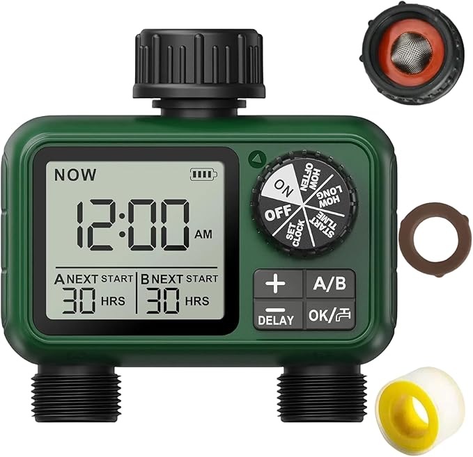 2 Outlet Sprinkler Timer, XinFuture Water Timer, Programmable Garden Hose Timer with Rain Delay, Manual& Automatic Watering System, Waterproof Irrigation Controller for 2 Separate Watering Zones
