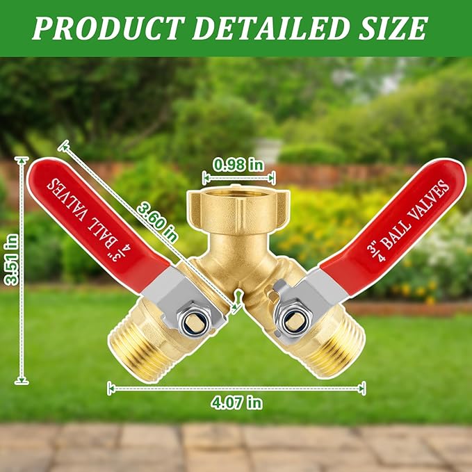 Garden Hose Splitter 2 Way Heavy Duty, Brass Water Hose Splitter with Stainless Steel Long Handle, 3/4 Inch GHT Thread Hose Y Splitter with Shutoff, Faucet Splitter 2 Way with 2 Extra Washers & 1Tape